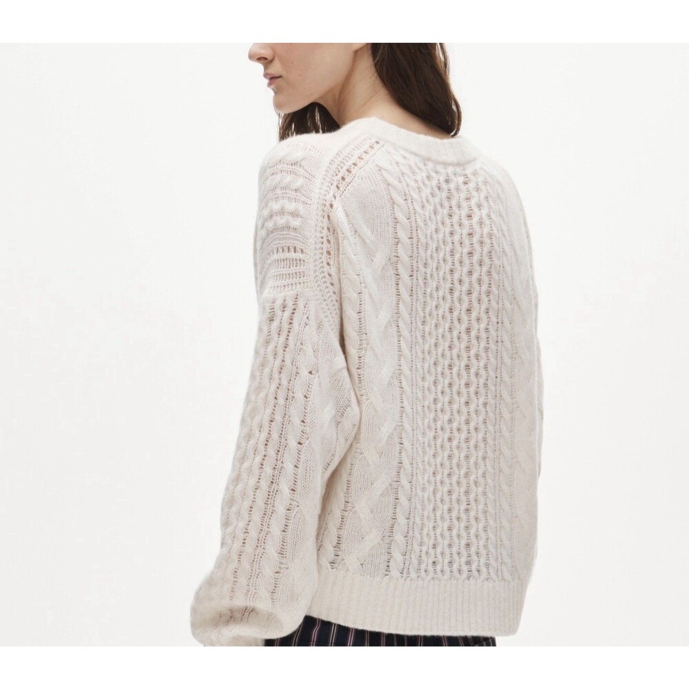 J Crew Cashmere cable-knit blouson-sleeve relaxed fit sweater Snow size L NWT - Picture 3 of 15